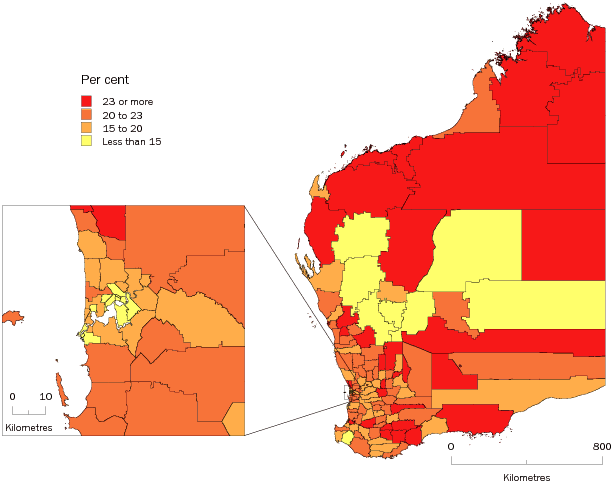 Diagram: POPULATION AGED LESS THAN 15 YEARS, Statistical Local Areas, Western Australia—30 June 2009