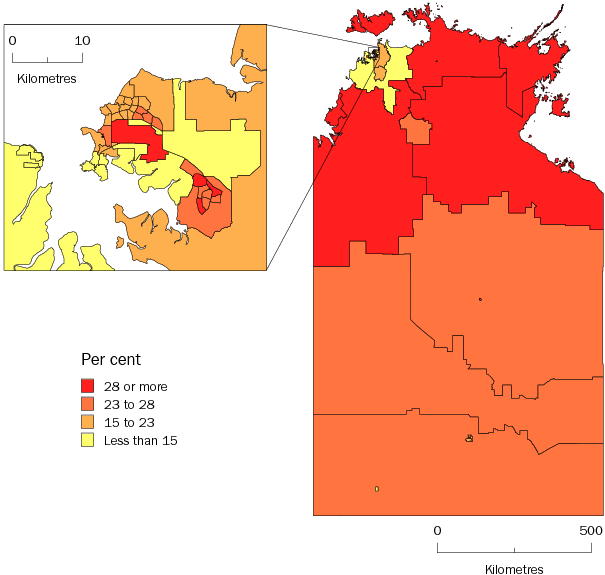 Diagram: POPULATION AGED LESS THAN 15 YEARS, Statistical Local Areas, Northern Territory—30 June 2010