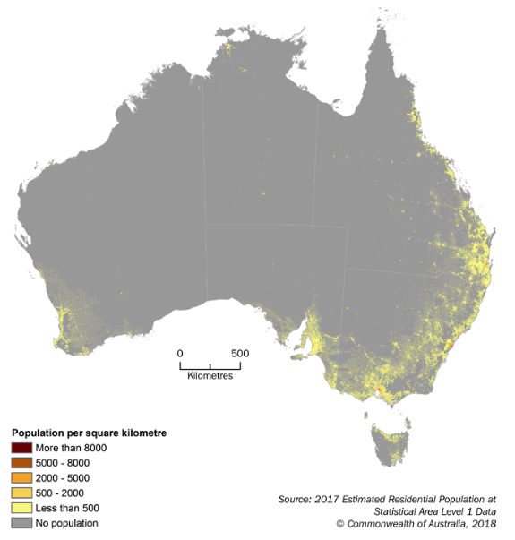 Image: Map showing Estimated Resident Population Density Grid, June 2017