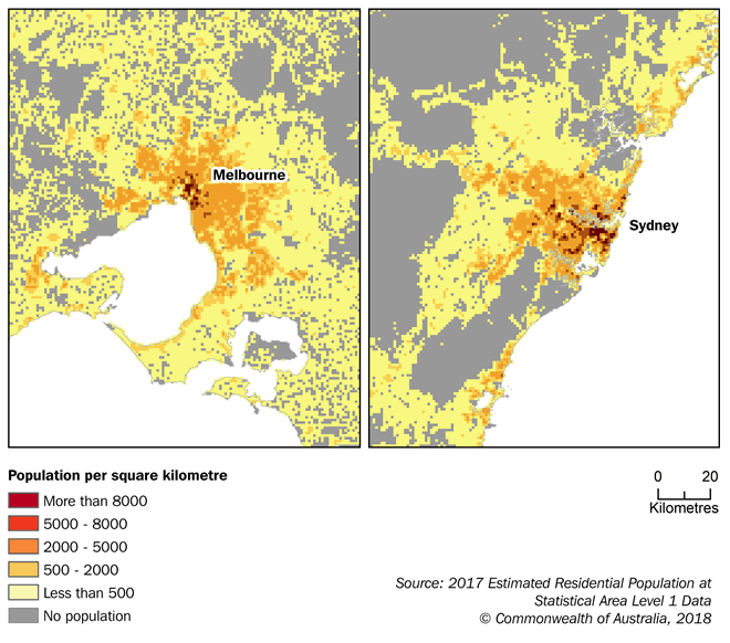 Image: Maps showing Estimated Resident Population Grid around Melbourne and Sydney, June 2017