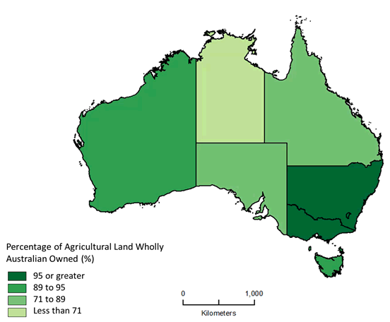 Map: Percentage of agricultural land wholly Australian owned