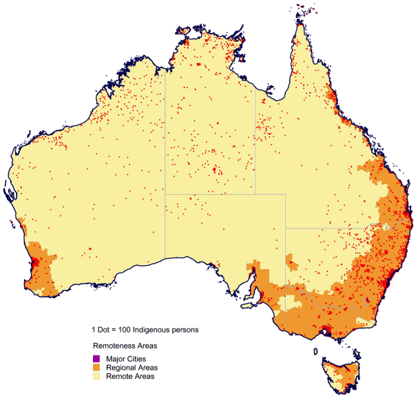 DIAGRAM: Indigenous population distribution and Remoteness areas over a map of Australia