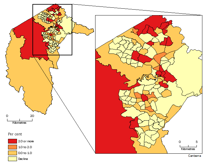 Diagram: POPULATION CHANGE BY SA2, Australian Capital Territory - 2013-14