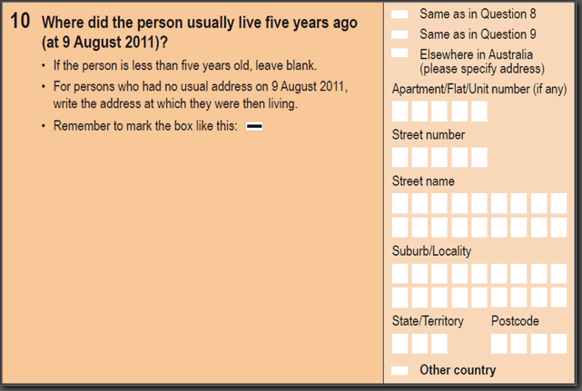2016 Household Paper Form - Question 10. Where did the person usually live five years ago (at 9 August 2011)?