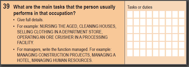 Image: 2016 Household Paper Form - Question 39. What are the main tasks that the person usually performs in that occupation?