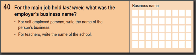 Image: 2016 Household Paper Form - Question 40. For the main job held last week, what was the employer's business name?