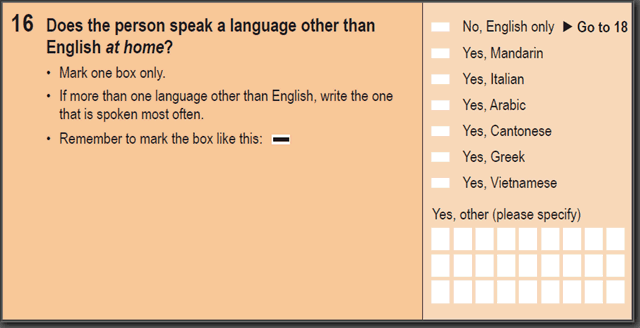 Image: 2016 Household Paper Form - Question 16. Does the person speak a language other than English at home?