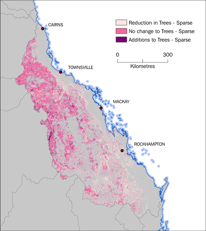 Map showing locations where the land cover class Trees - Sparse has increased, decreased or remained constant.