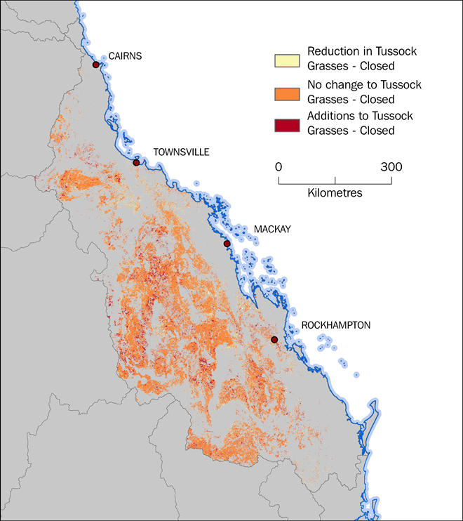 Map showing locations where the land cover class Tussock Grasses - Closed has increased, decreased or remained constant.