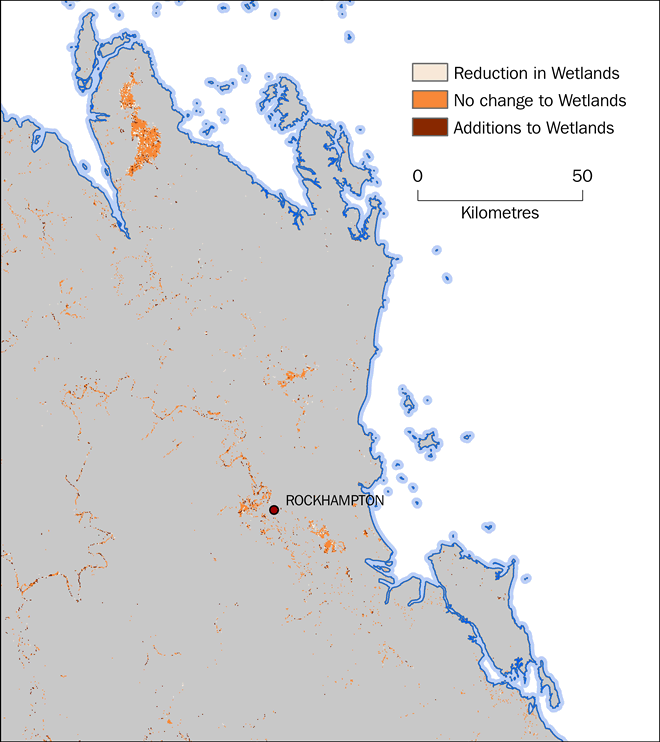 Map showing locations where the land cover class Wetlands has increased, decreased or remained constant.