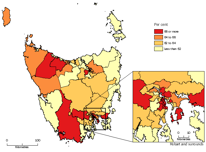 Diagram: WORKING AGE POPULATION (AGED 15-64 YEARS), Statistical Areas Level 2, Tasmania - 30 June 2014