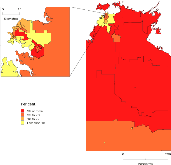Diagram: Population aged less than 15 years, Statistical Local Areas, NT, 2008