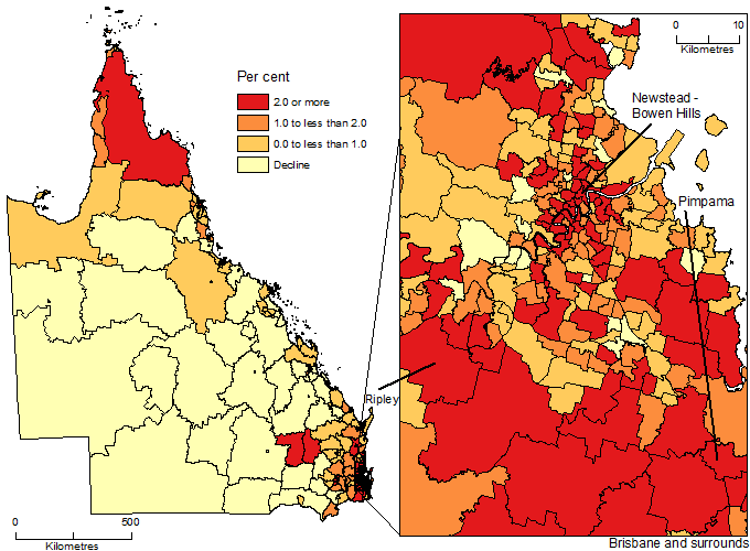 Image: Map showing Population Change by SA2, Queensland, 2016-17