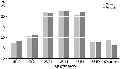 Graph: Persons who worked at some time during the year ending February 2008, Age and sex distribution