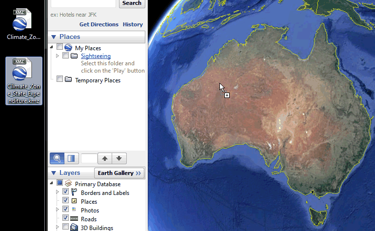 Picture demonstrating how KMZ files can loaded by dragging them into Google Earth software