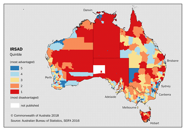 Map: For Australia with Index of relative socio-economic advantage and disadvantage quintiles for local government areas