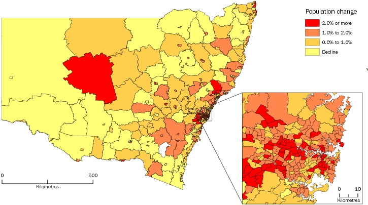 Diagram: POPULATION CHANGE BY SA2, New South Wales—2012–13