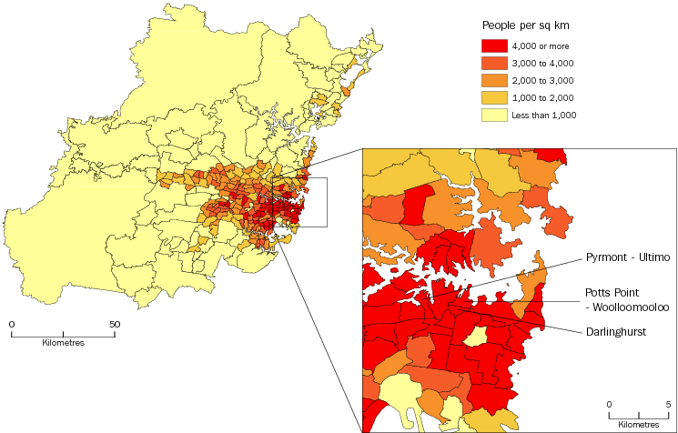 Diagram: POPULATION DENSITY BY SA2, Greater Sydney—June 2013