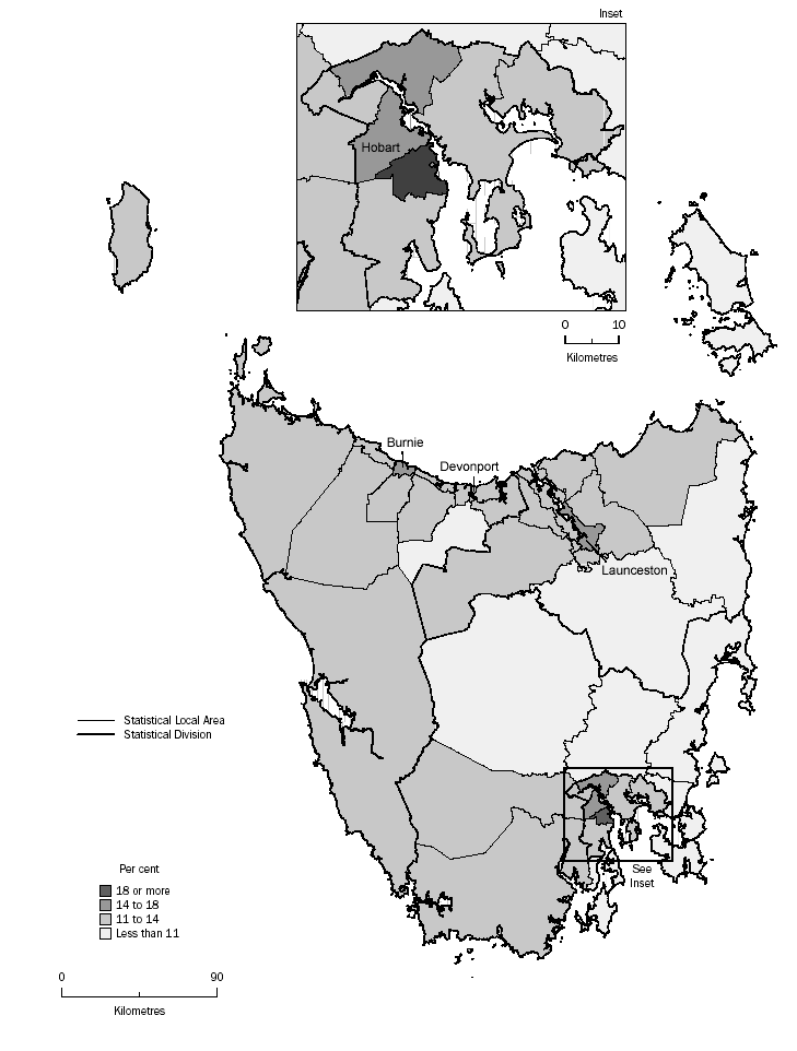 MAP: PROPORTION OF PERSONS AGED 15-24 YEARS BY SLA - TASMANIA