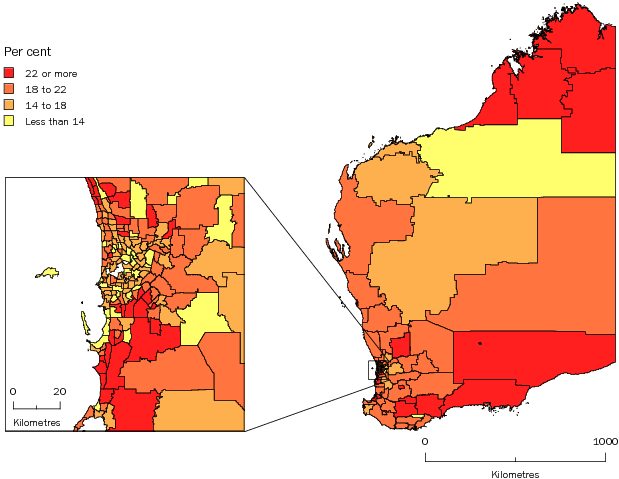 Diagram: POPULATION AGED LESS THAN 15 YEARS, Statistical Areas Level 2, Western Australia—30 June 2011
