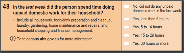 Image: 2016 Household Paper Form - Question 48. In the last week did the person spend time doing unpaid domestic work for their household?