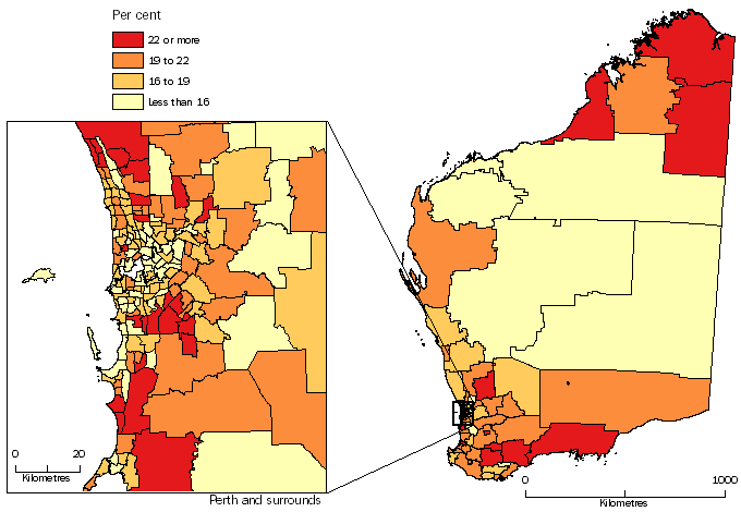 Diagram: POPULATION AGED LESS THAN 15 YEARS, Statistical Areas Level 2, Western Australia - 30 June 2014