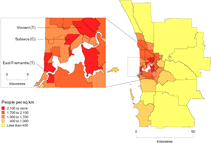 Diagram: POPULATION DENSITY BY SLA, Perth SD—June 2011