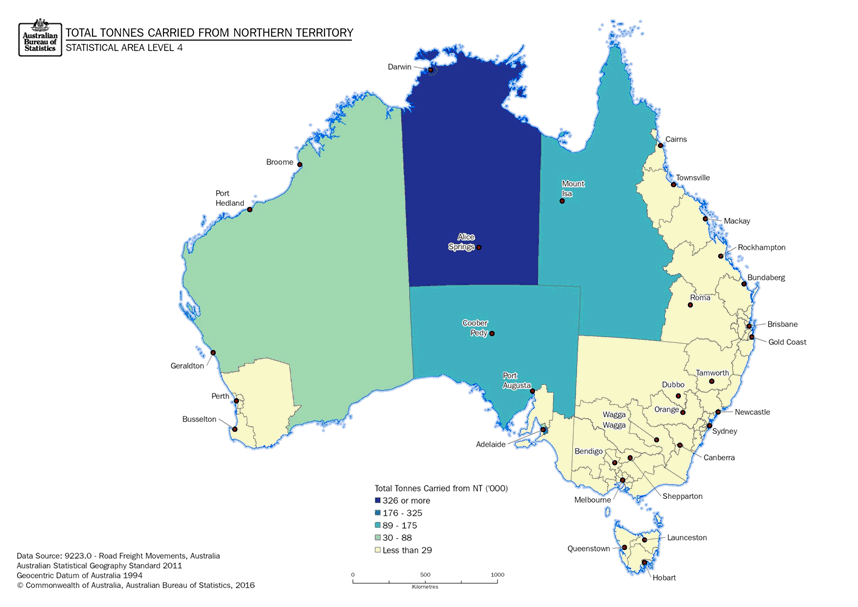 Image: Thematic map, Total Tonnes Carried from the Northern Territory to Destination (Statistical Area Level 4)