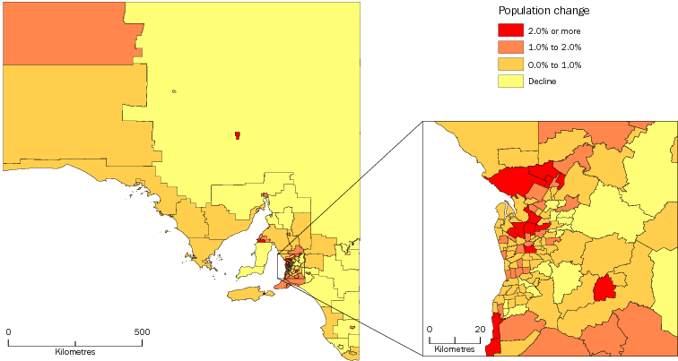 Diagram: POPULATION CHANGE BY SA2, South Australia—2012–13