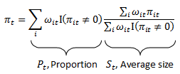 Formula for headline inflation decomposed into two terms measuring the proportion and average size, respectively.