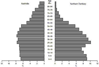 graph - AGE STRUCTURE, NORTHERN TERRITORY,  1999 AND 2021