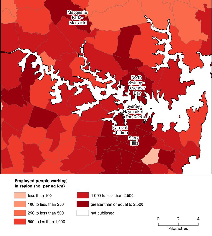 Map showing counts of employed persons per square kilometre in Sydney SA2s