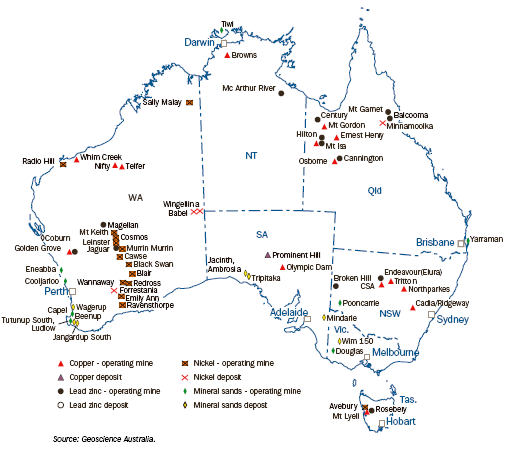 16.25 SELECTED MINES AND DEPOSITS OF BASE METALS AND MINERAL SANDS - 2005
