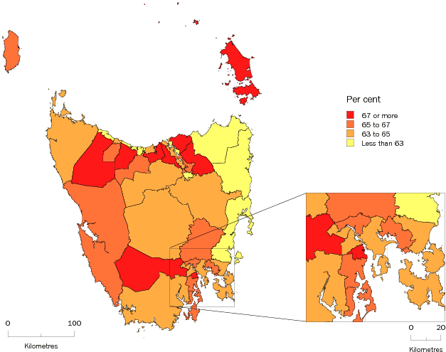 Diagram: WORKING AGE POPULATION (AGED 15-64 YEARS), Statistical Local Areas, Tasmania—30 June 2009