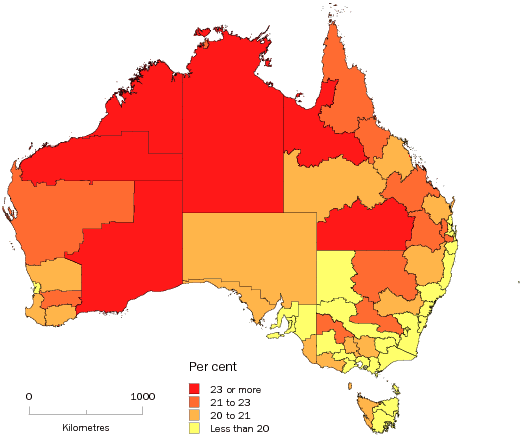 Diagram: Population aged less than 15 years, Statistical Divisions, Australia, 2008