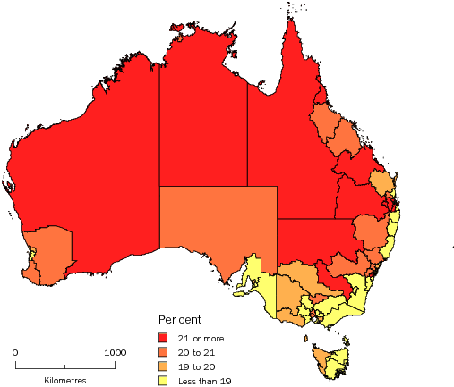 Diagram: POPULATION AGED LESS THAN 15 YEARS, Statistical Areas Level 4, Australia—30 June 2011