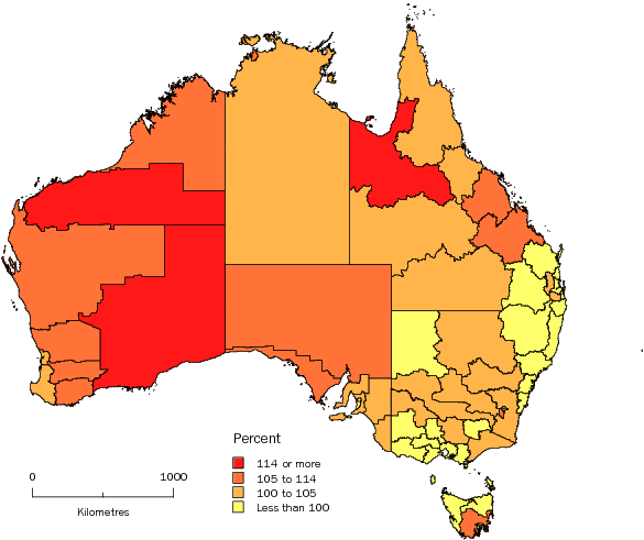 Diagram: MALES PER 100 FEMALES, Statistical Divisions, Australia—30 June 2009