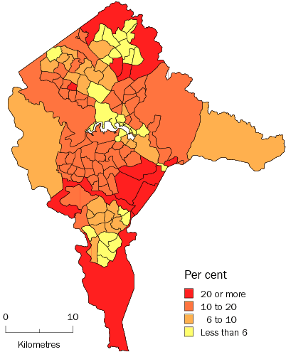 Diagram: POPULATION AGED 65 YEARS AND OVER, Statistical Local Areas, Canberra SD—30 June 2010