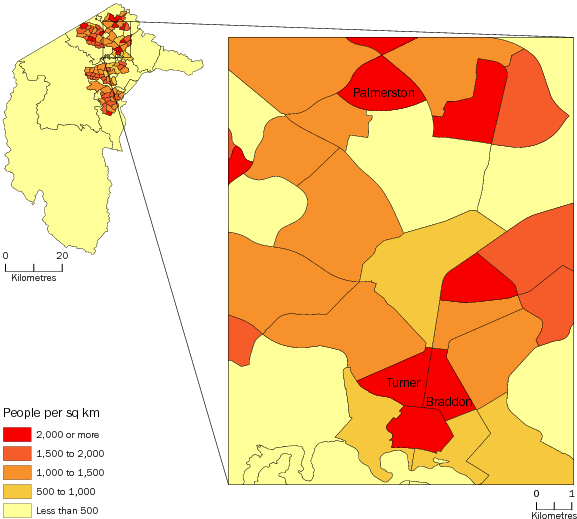 Diagram: POPULATION DENSITY BY SA2, Australian Capital Territory—June 2013