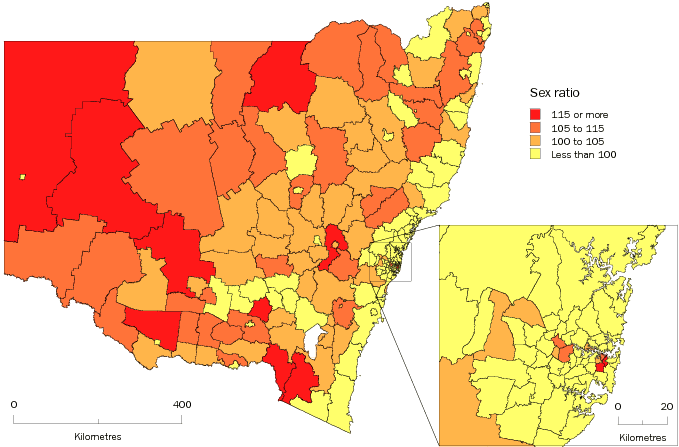 Diagram: Males per 100 females, Statistical Local Areas, NSW, 2008