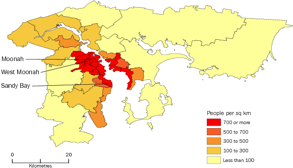 Diagram: POPULATION DENSITY BY SA2, Greater Hobart—June 2012
