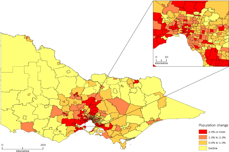 Diagram: POPULATION CHANGE BY SA2, Victoria—2012–13