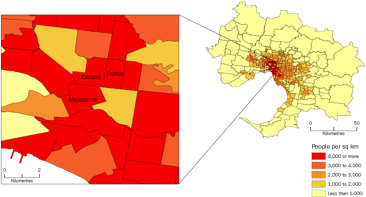 Diagram: POPULATION DENSITY BY SA2, Greater Melbourne—June 2013