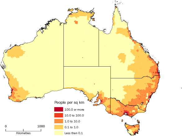 Diagram: POPULATION DENSITY BY SA2, Australia—June 2013