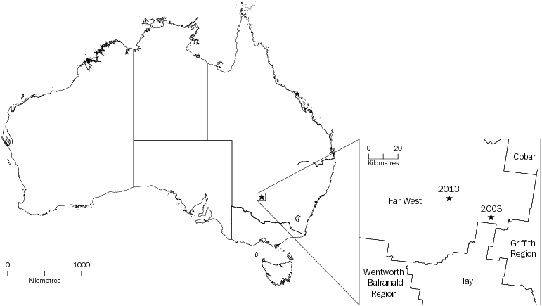 Diagram: CENTRE OF POPULATION, Australia—June 2003 and June 2013