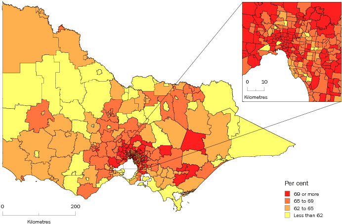 Diagram: WORKING AGE POPULATION (AGED 15-64 YEARS), Statistical Areas Level 2, Victoria—30 June 2011