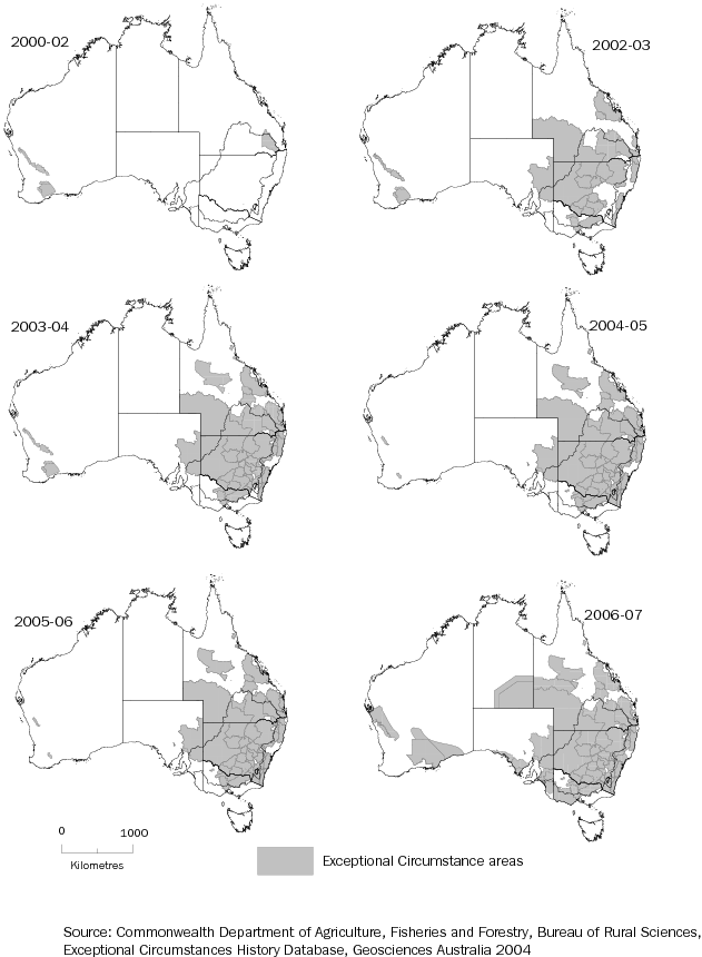 Diagram: 1.3 Exceptional Circumstances Areas, Murray–Darling Basin—2000–02 to 2006–07