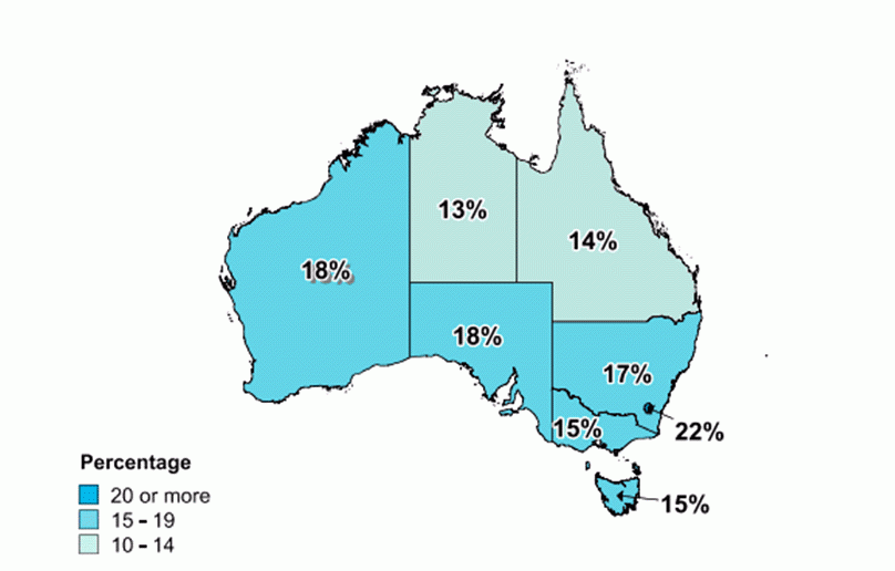 Proportion of adults aged 19 years and over consuming wine, by state and territory, 2011-12
