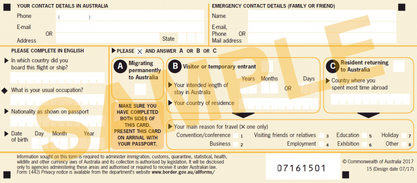 Incoming passenger card showing back