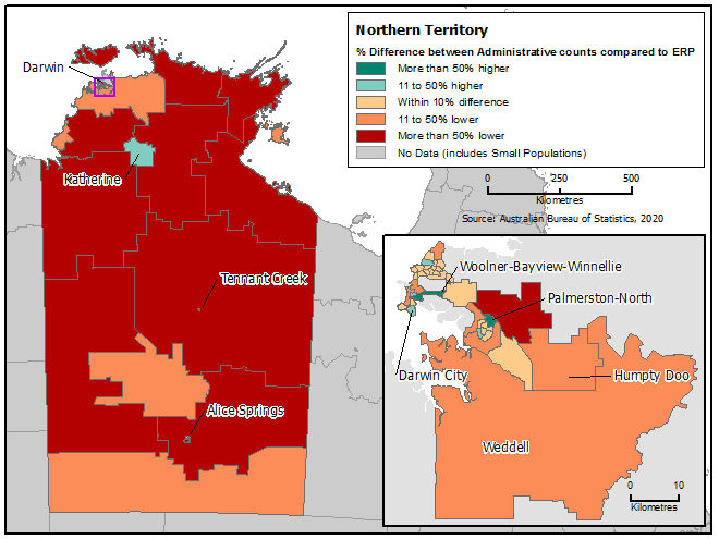 Map of the Northern Territory with Greater Darwin inset, showing percentage difference between administrative counts and ERP for each SA2.